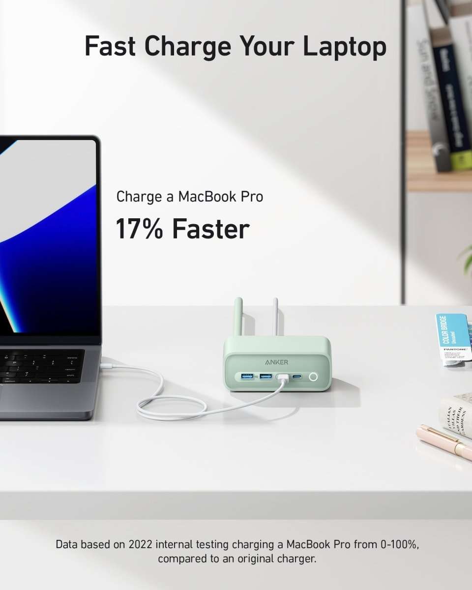 Anker charging station, light green dock with USB ports for fast laptop charging