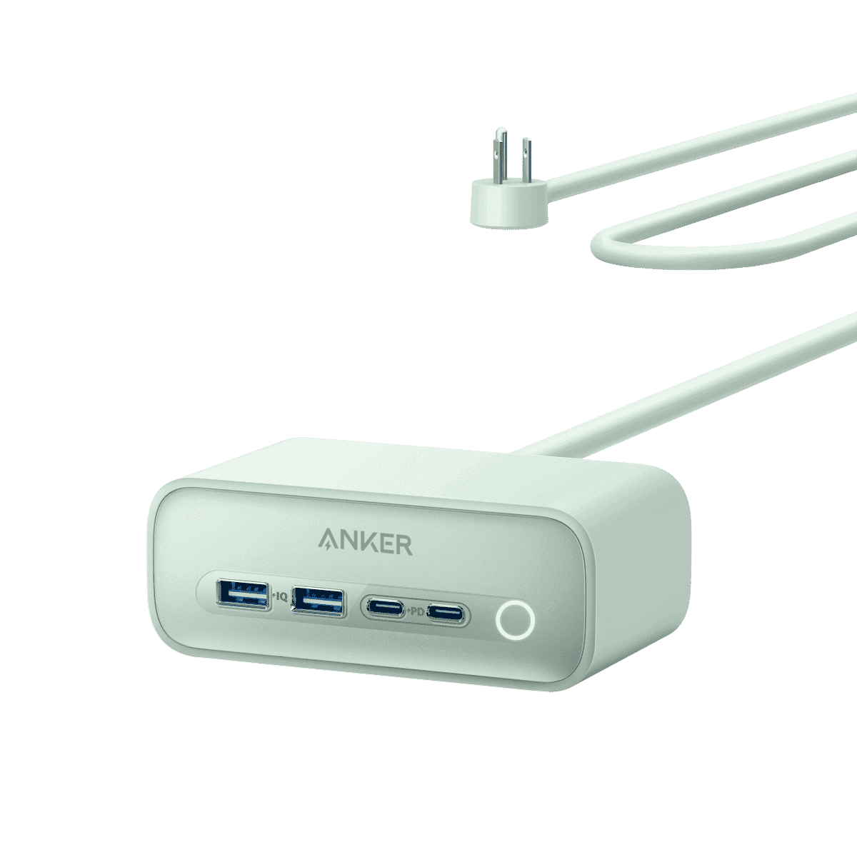 Anker charging station, pale green cube with USB-C and USB-A ports and round button