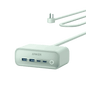 Anker charging station, pale green cube with USB-C and USB-A ports and round button