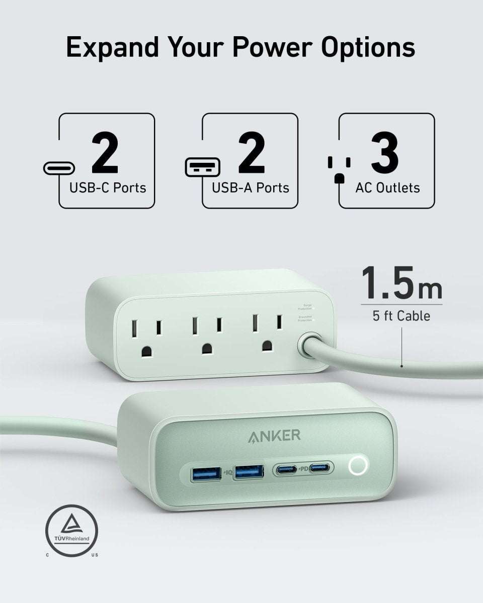 Anker charging station, mint green base with AC outlets and USB ports, 1.5 m cable