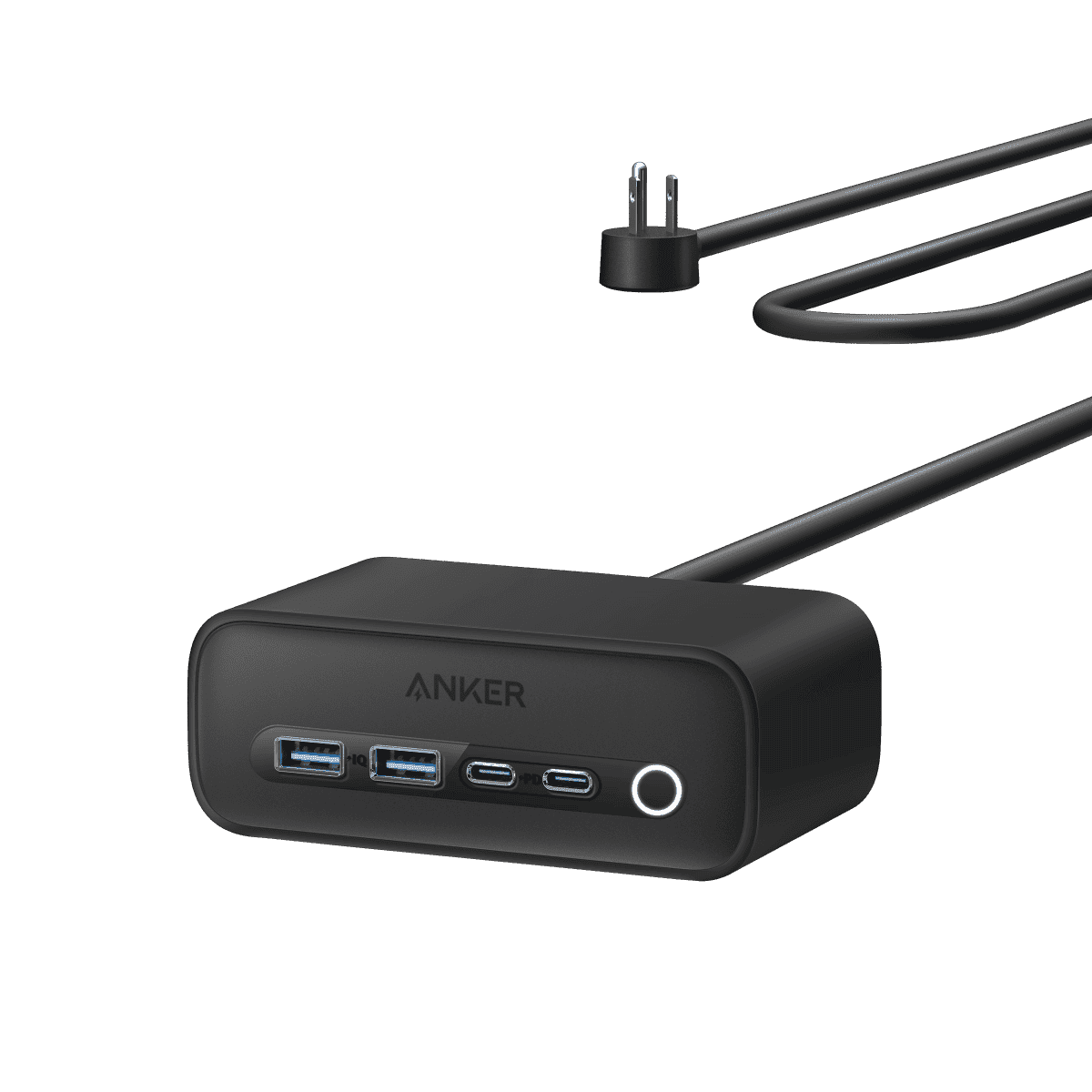 Black charging station with USB ports and power button, cable and plug attached