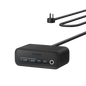 Black charging station with USB ports and power button, cable and plug attached