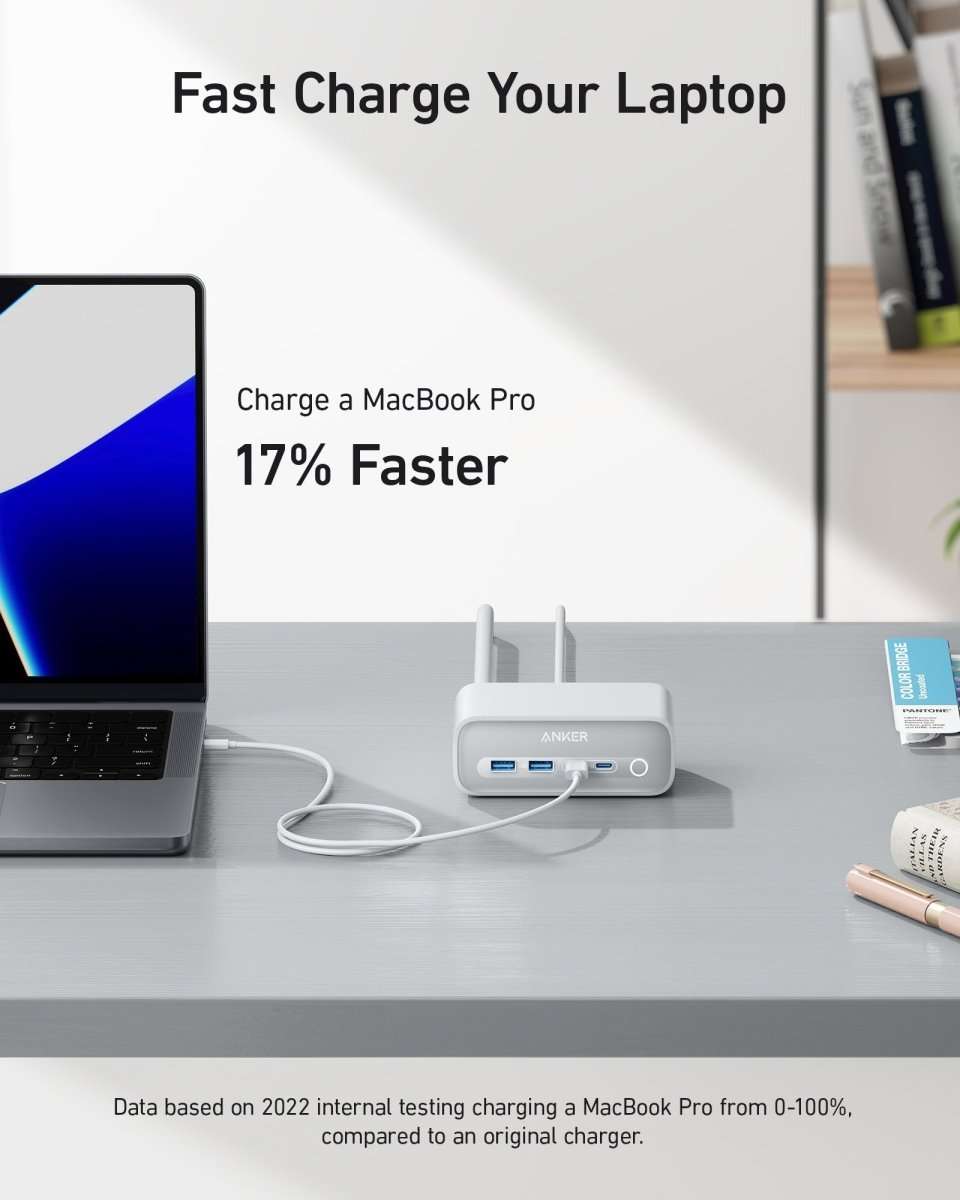 White Anker charging station front view with USB ports and round power button