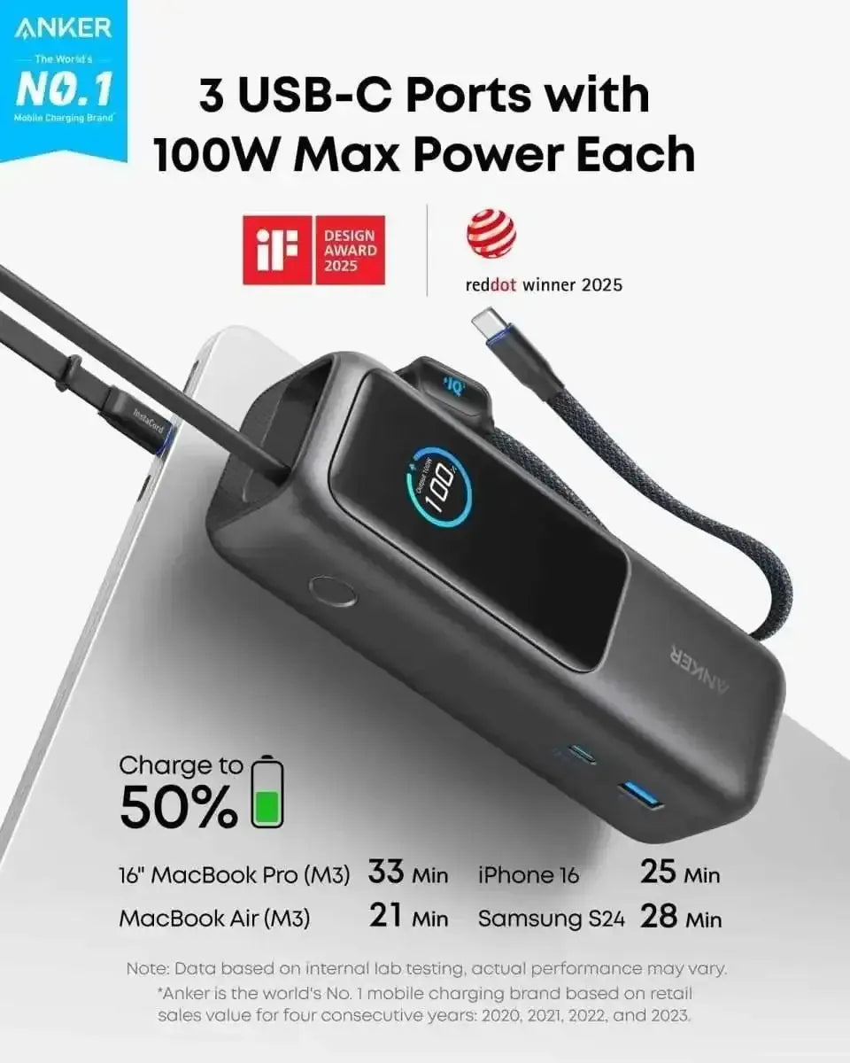 Anker Laptop Power Bank (25K, 165W, Built-In and Retractable Cables) Anker Space Black / Power Bank Space Black / Power Bank + Charger Space Black / Power Bank + 3ft Cable Space Black / Power Bank-Space Black / Power Bank + Charger-Space Black / Power Bank + 3ft Cable-Space Black / Power Bank + 6ft Cable-Space Black / Power Bank + Travel Adapter-Silver / Power Bank-Silver / Power Bank + Charger-Silver / Power Bank + 3ft Cable-Silver / Power Bank + 6ft Cable-Silver / Power Bank + Travel Adapter-