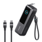 Dark laptop power bank with attached retractable cable set and USB-C connector