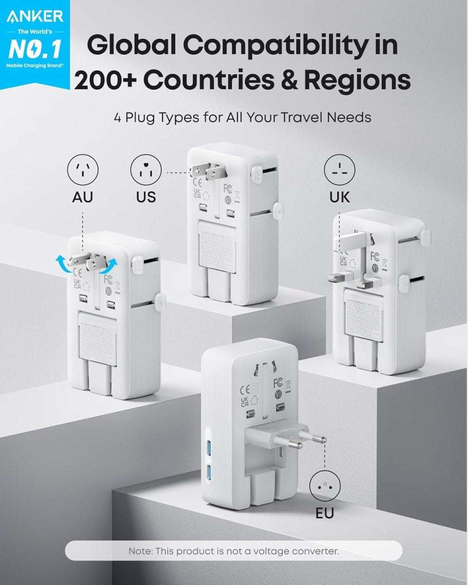 Travel charging power bank with fold-out multi-plug adapter and compact body