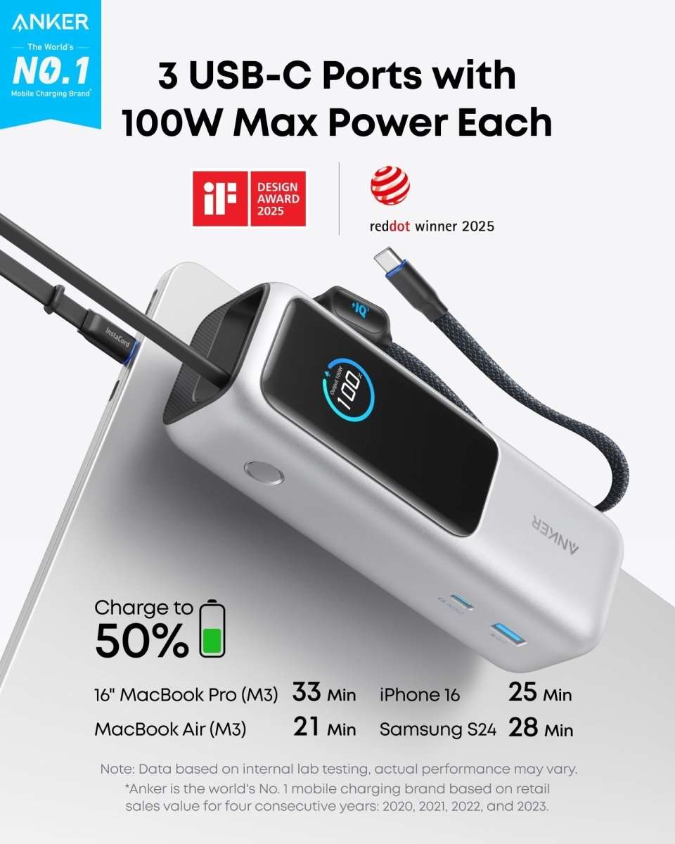 Laptop power bank with three USB-C ports and blue LED charging indicator, silver