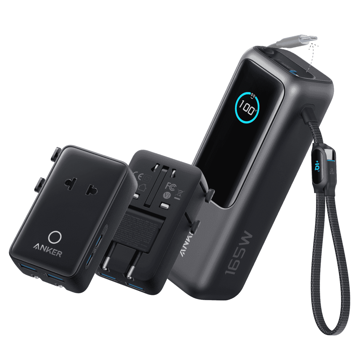 Black laptop power bank with retractable cables and multi-port charging block