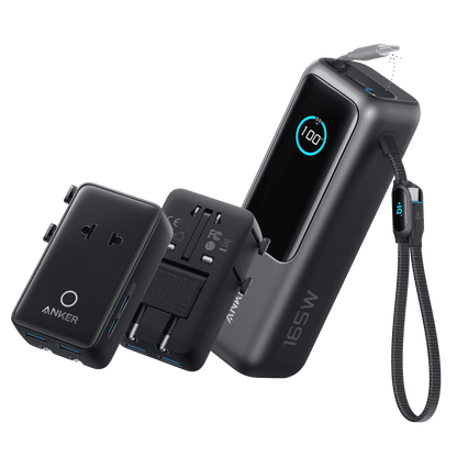 Black laptop power bank with retractable cables and multi-port charging block
