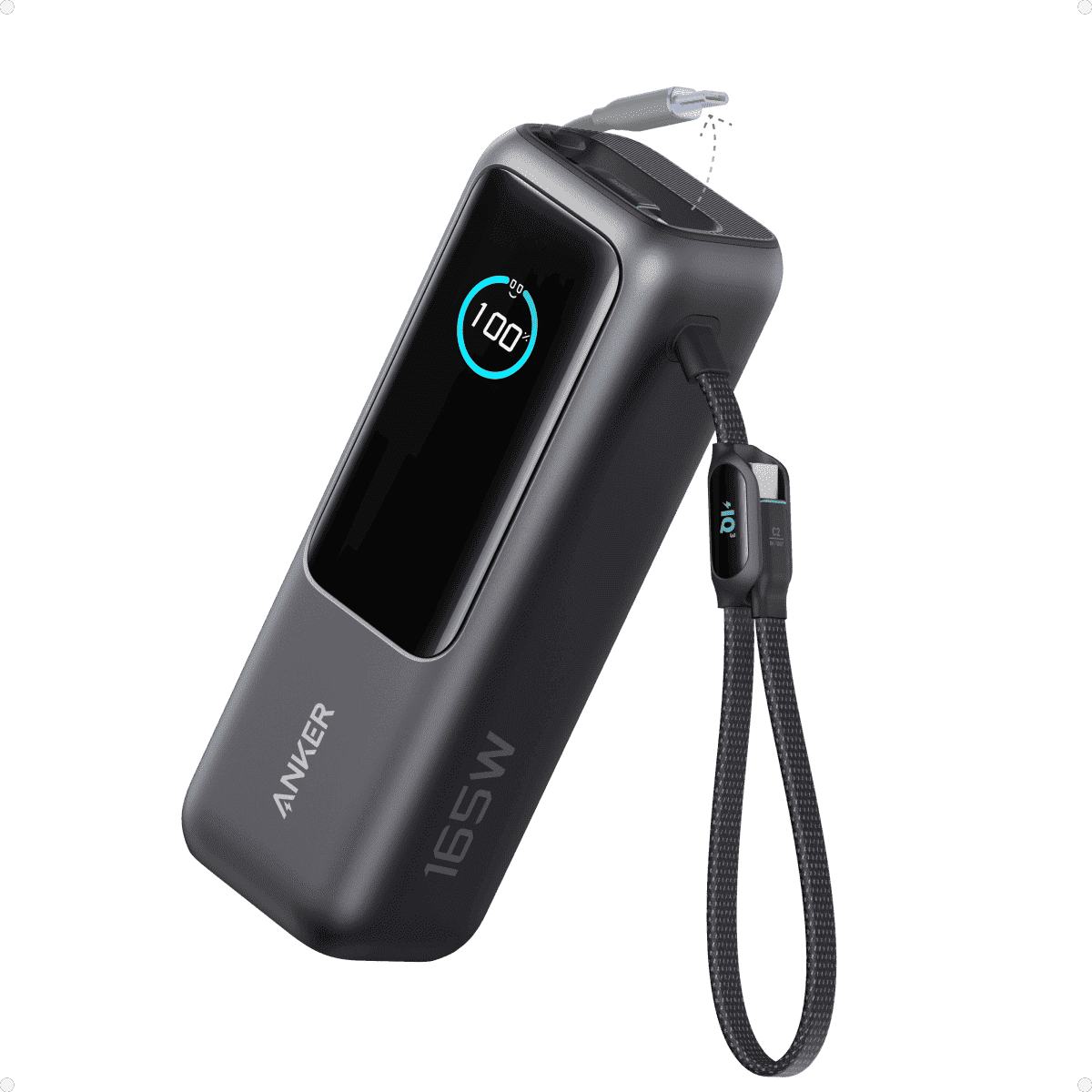 Laptop power bank in dark gray with LED screen and connected cable loop