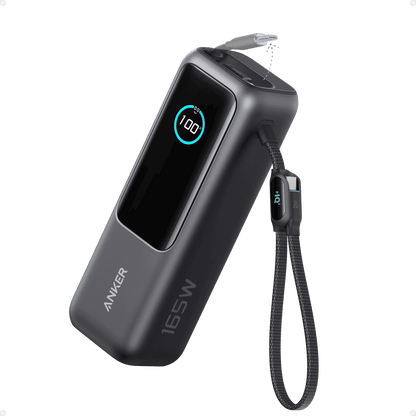 Laptop power bank in dark gray with LED screen and connected cable loop