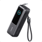 Laptop power bank in dark gray with LED screen and connected cable loop