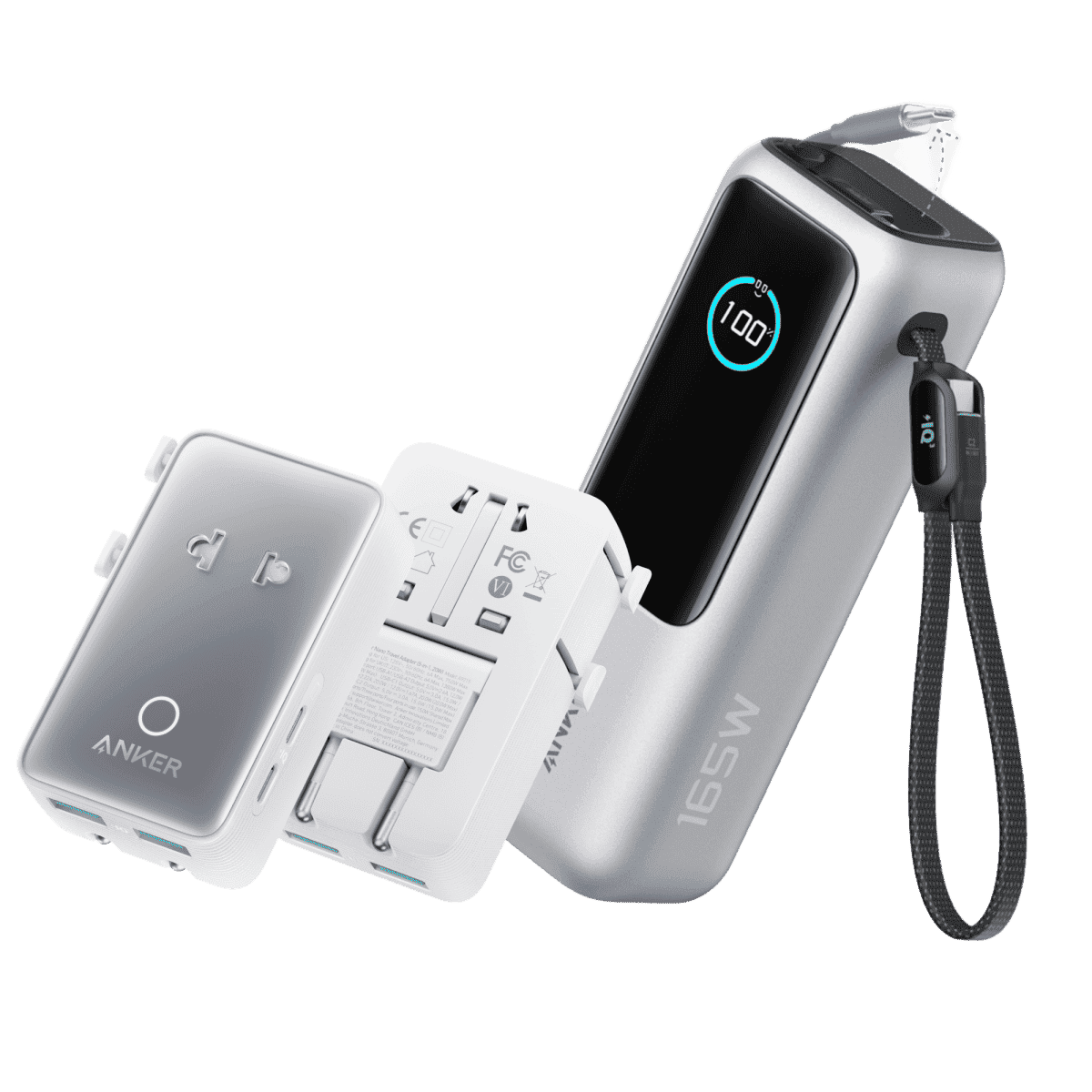 Silver laptop power bank with fold-out retractable plug pins and attached cable