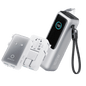 Silver laptop power bank with fold-out retractable plug pins and attached cable