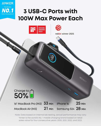 Power bank with three USB-C ports and built-in cables, blue LED indicator