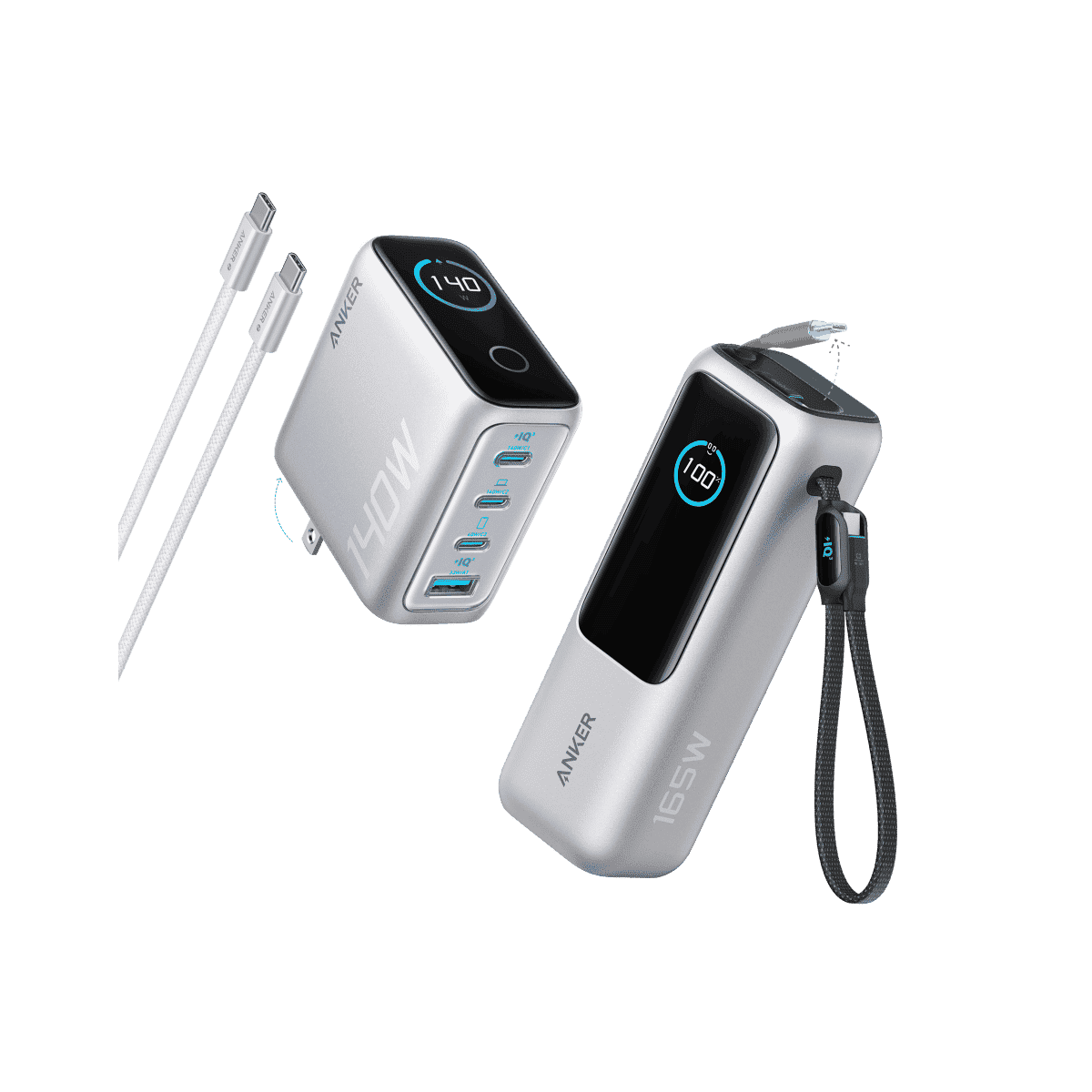 Anker laptop power bank with built-in cables and visible USB-C port outputs