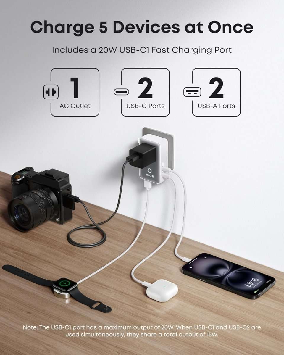 Laptop power bank adapter with USB-C fast charging ports and retractable cable