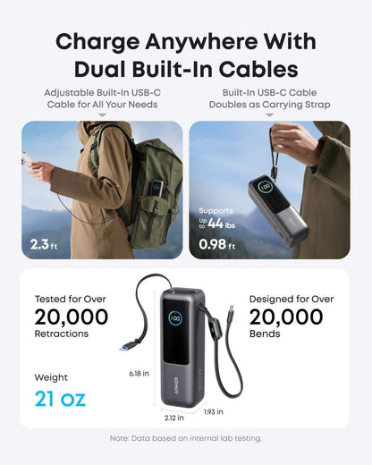 Portable power bank with dual built-in USB-C cables and adjustable retractable leads.