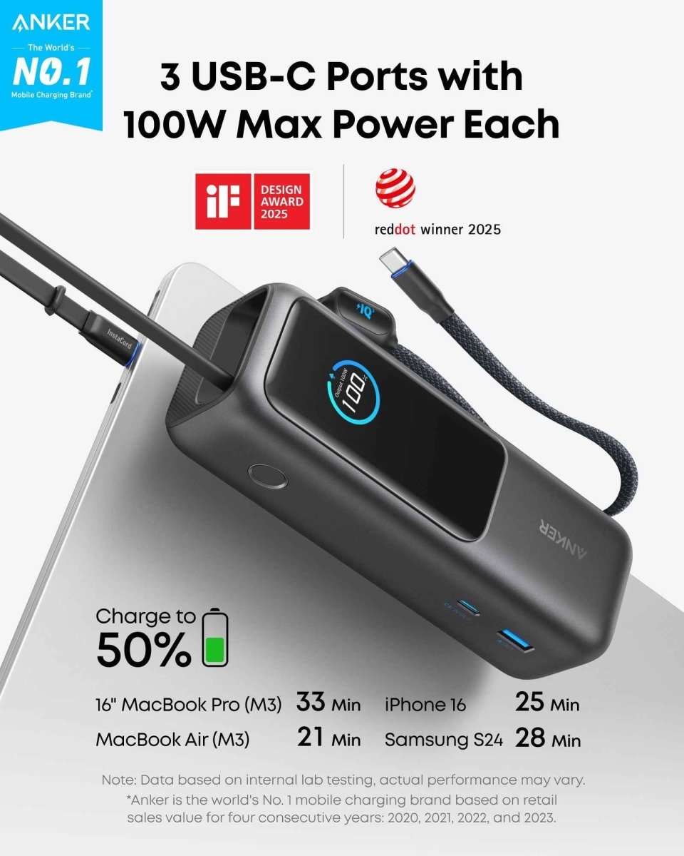 Laptop power bank showing USB-C ports and retractable cables on dark body