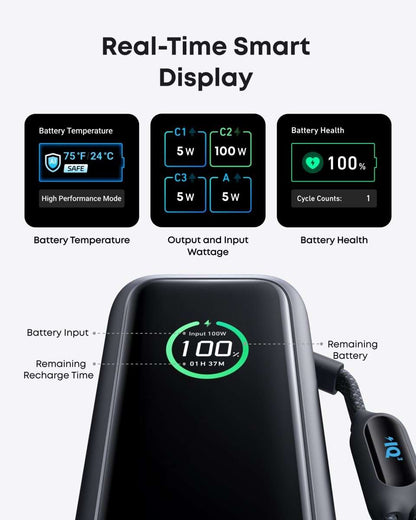 Black laptop power bank with smart display showing remaining battery
