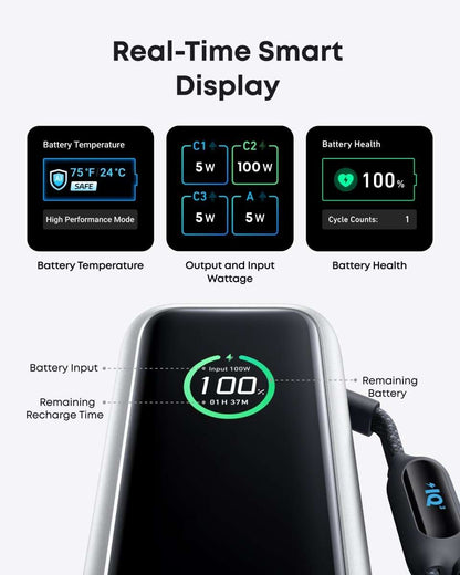 Laptop power bank with smart display showing battery temperature and 100W