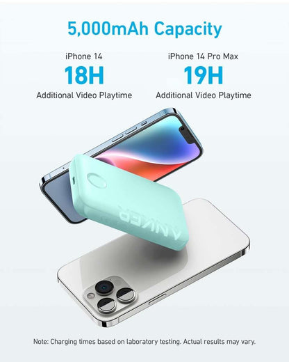 MagGo magnetic power bank, mint case docked to a smartphone with side ports