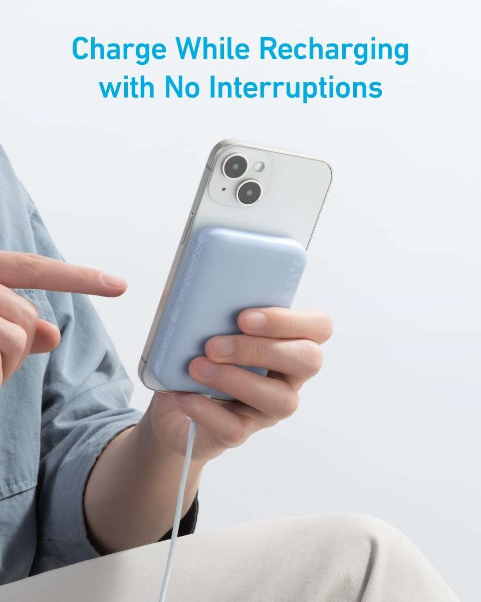 MagGo magnetic power bank, light blue case held against a smartphone
