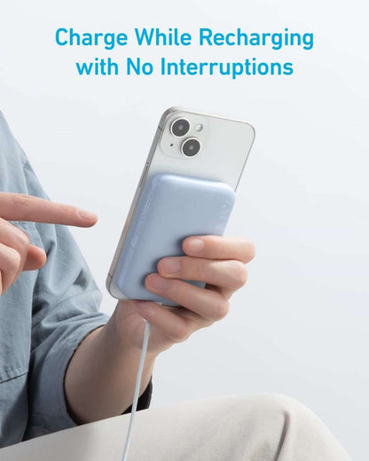 MagGo magnetic power bank, light blue case held against a smartphone