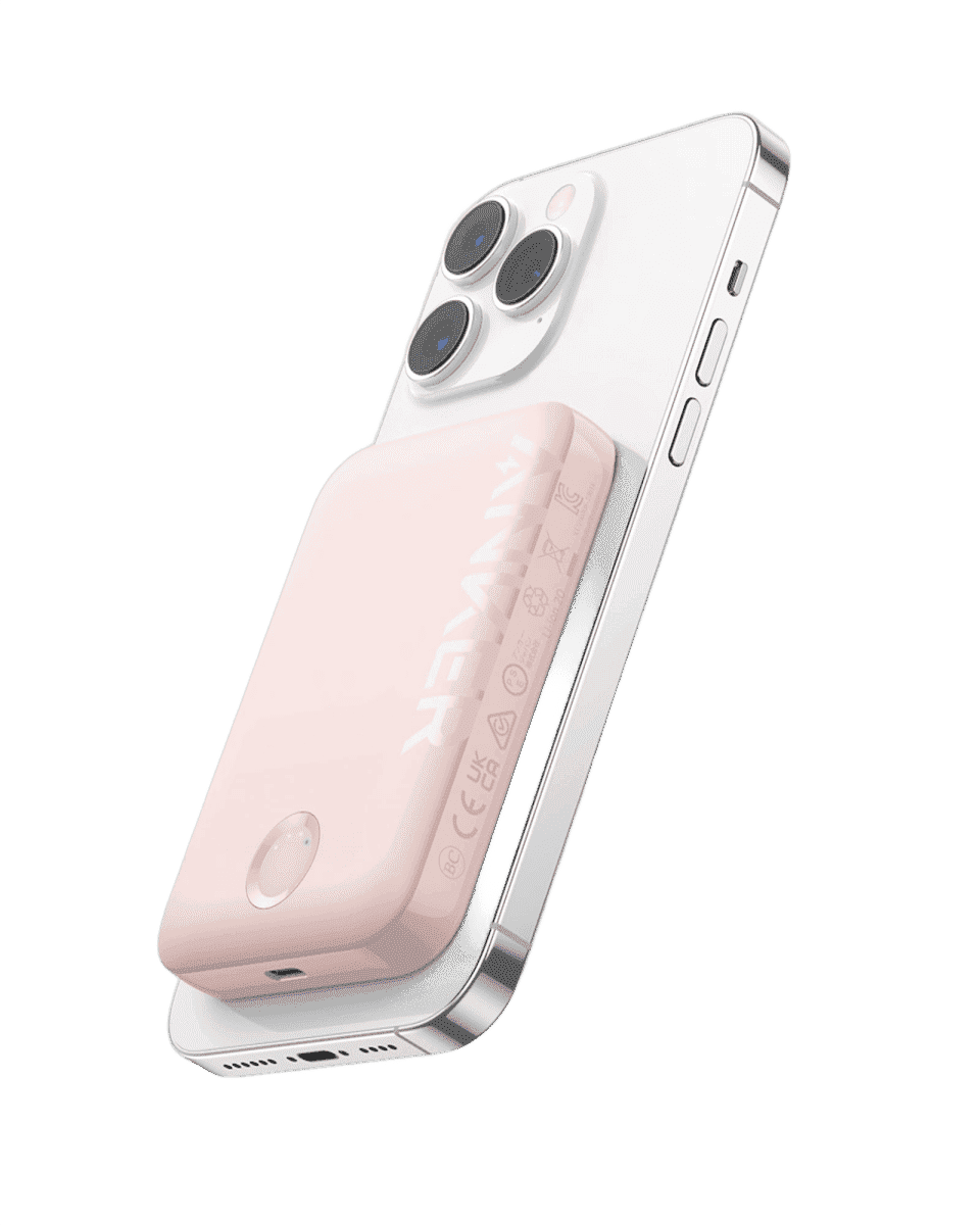 MagGo magnetic power bank, white outer case with light pink battery face and ports