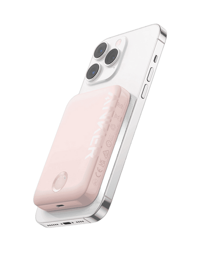 MagGo magnetic power bank, white outer case with light pink battery face and ports