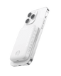 Magnetic power bank with white casing and black module, angled view of side ports