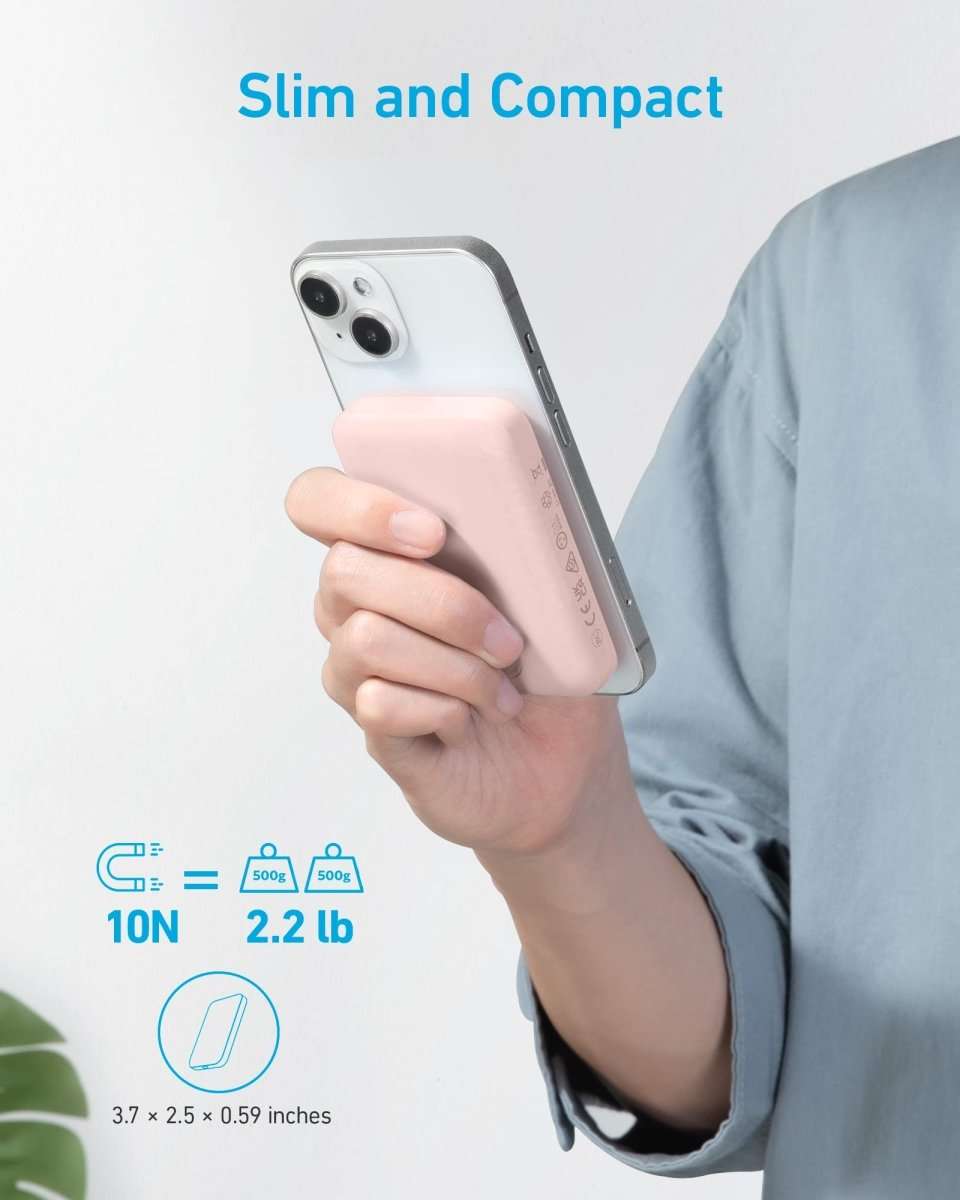 MagGo magnetic power bank, pink slim pack held in a hand with cable