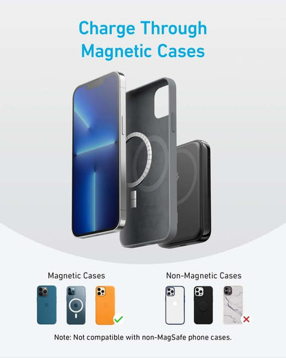 Magnetic power bank charging through magnetic cases, black module and phone shown