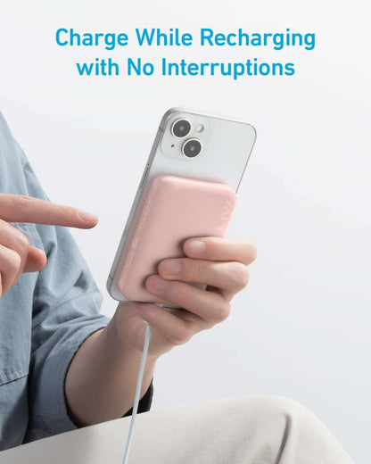 MagGo magnetic power bank, light pink case held against a smartphone