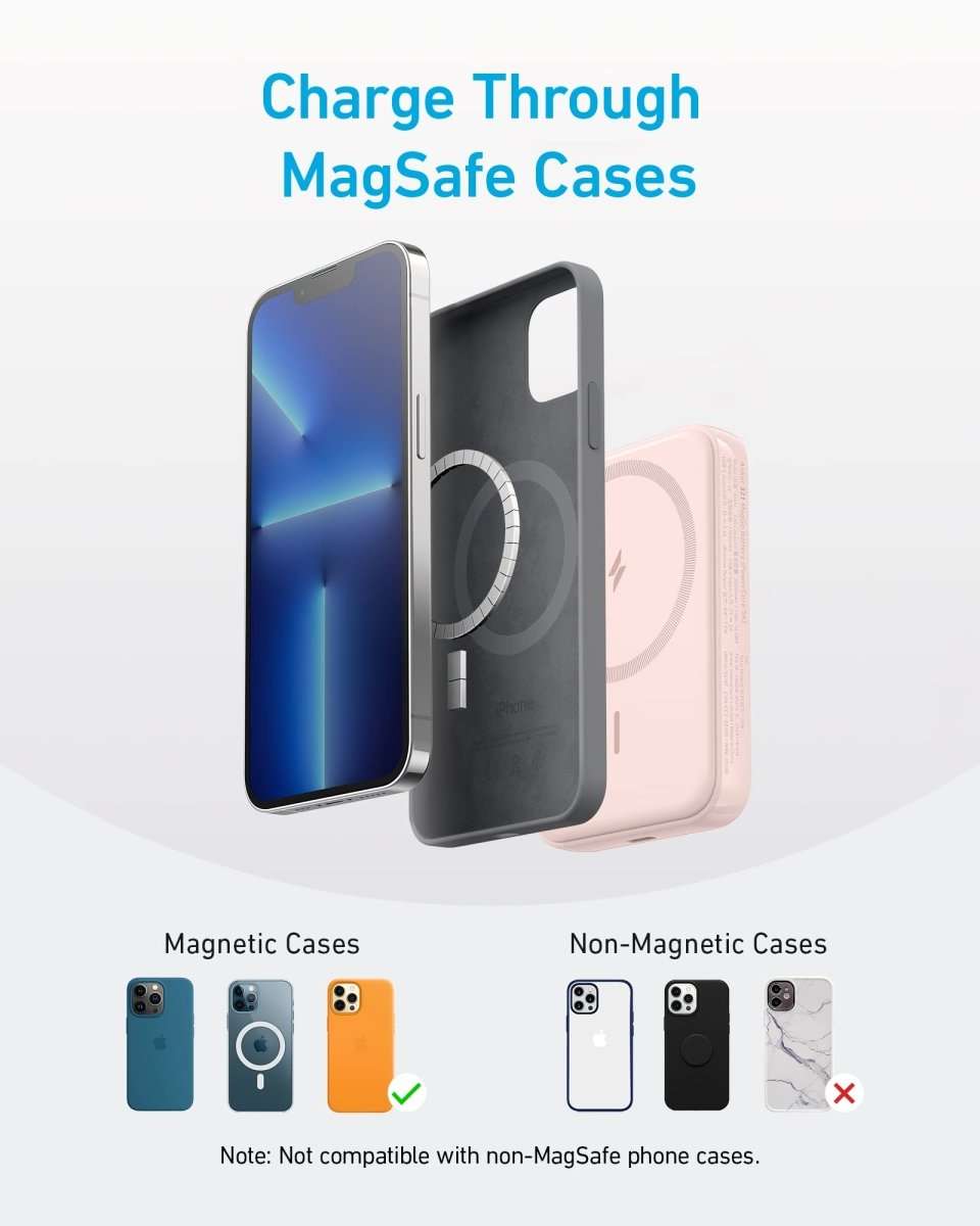 MagGo magnetic power bank charging through MagSafe-style phone cases