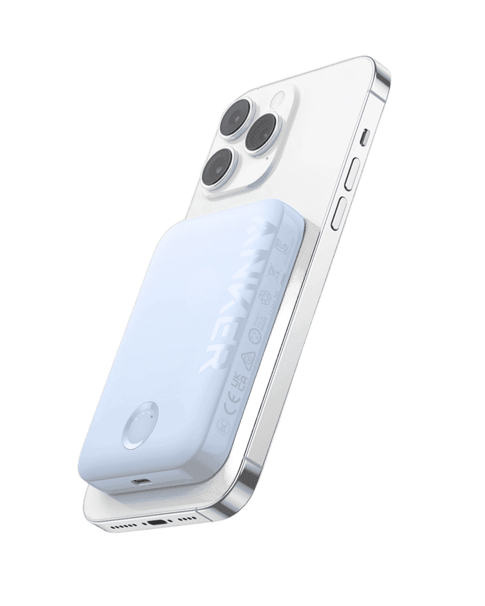 Magnetic power bank with slim profile, white, showing circular logo and side port