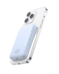 Magnetic power bank with slim profile, white, showing circular logo and side port