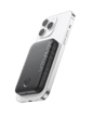 Magnetic power bank with white casing and black module, side charging ports visible