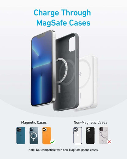 Magnetic power bank demonstrating charging through MagSafe phone cases, white and black
