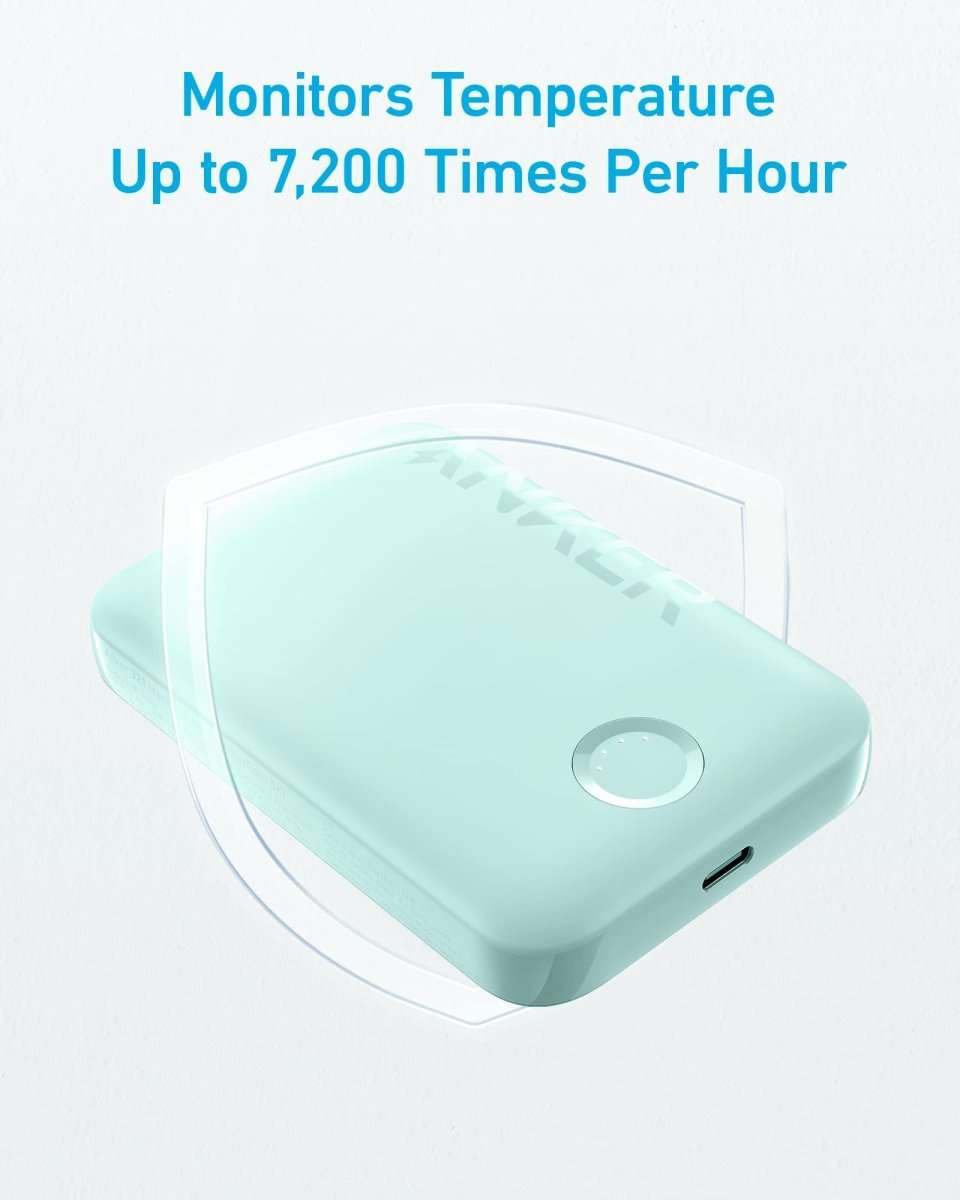 Mint-blue magnetic power bank close-up with circular indicator and side USB port