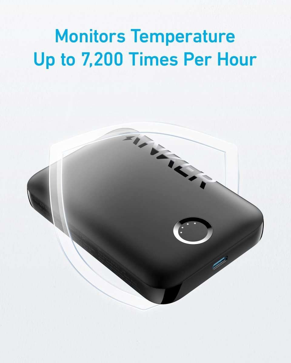 Magnetic power bank with temperature monitoring feature, black module and indicator light