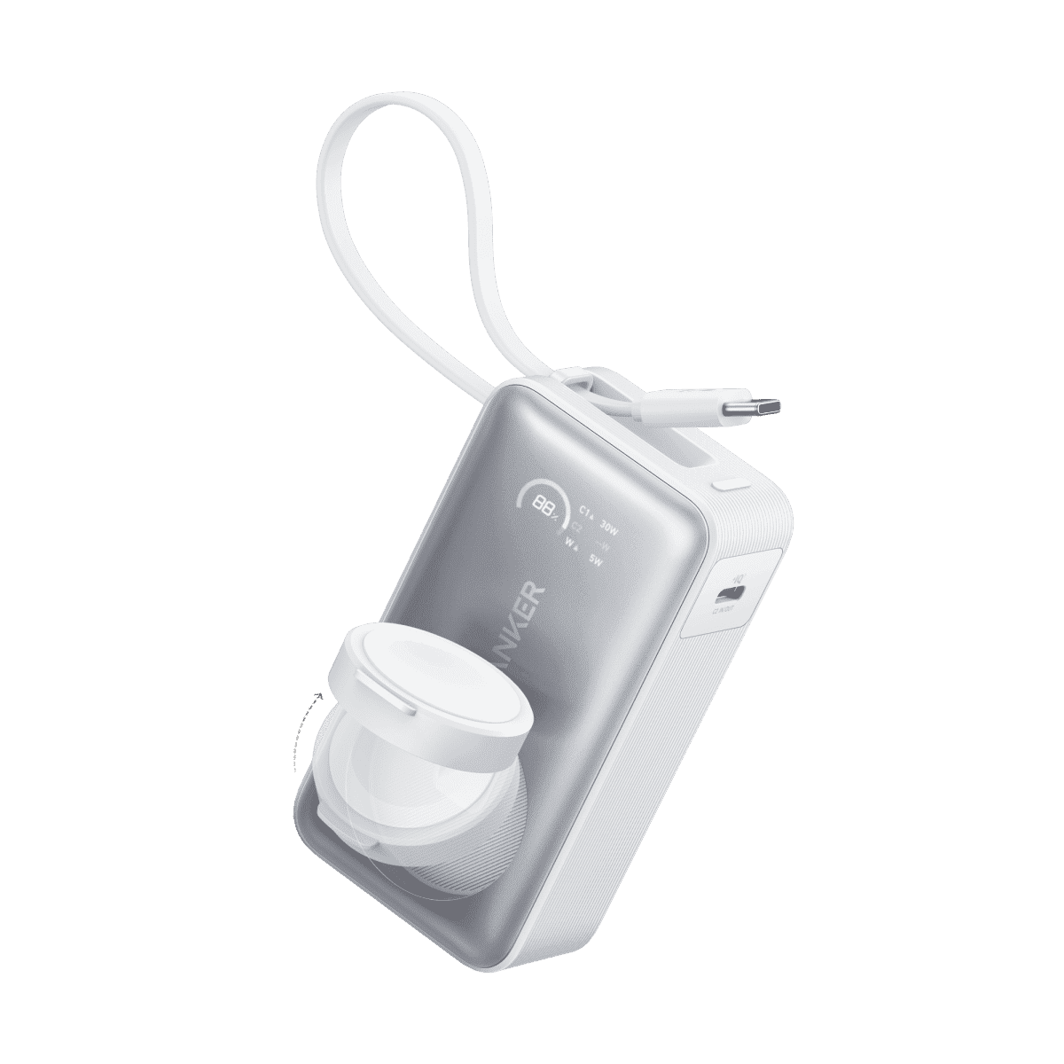 MagGo power bank with wireless watch charger, white housing and fold-out US plug.