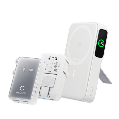Shell White Anker MagGo power bank with open charging ports and 100 LED screen