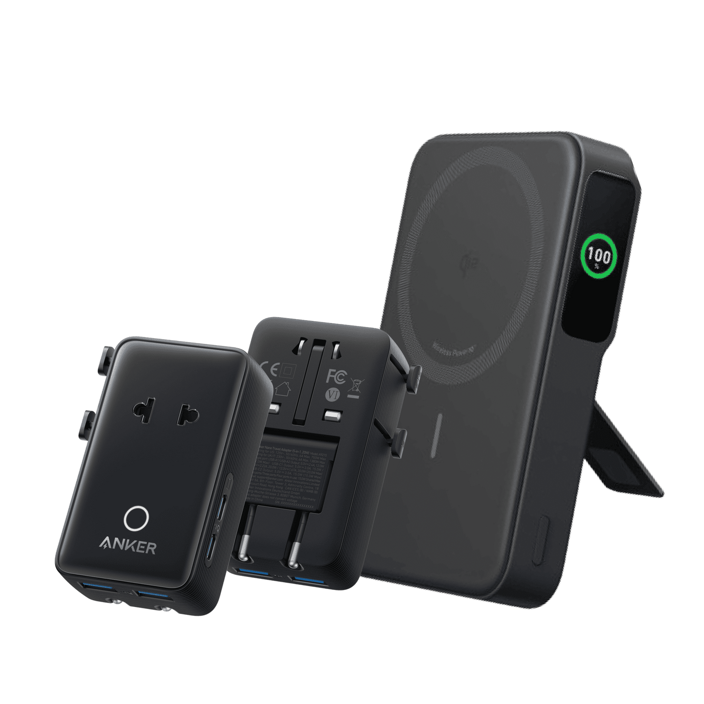 Black Anker MagGo power bank with open charging ports and 100 LED screen