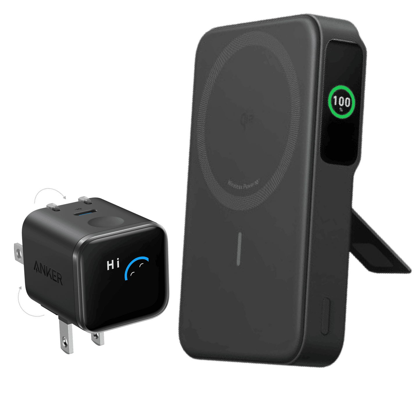 Black Anker MagGo power bank with 100 LED screen and wall plug adapter