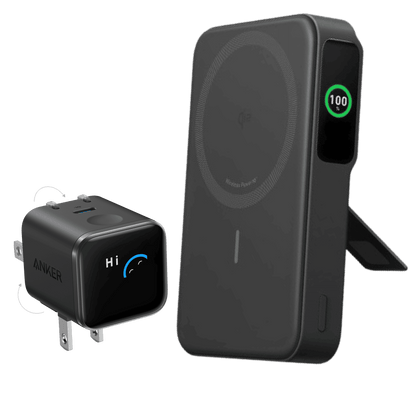 Black Anker MagGo power bank with 100 LED screen and wall plug adapter