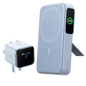 Light blue Anker MagGo power bank with 100 LED screen and wall plug adapter