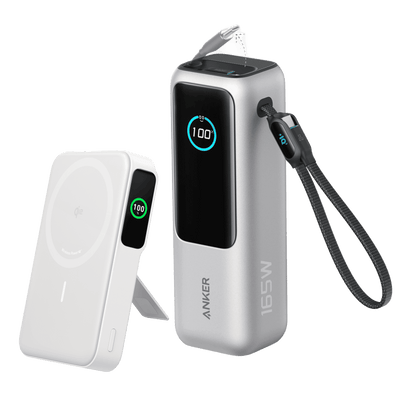 Gray Anker MagGo power bank with 100 LED display and attached charging cable