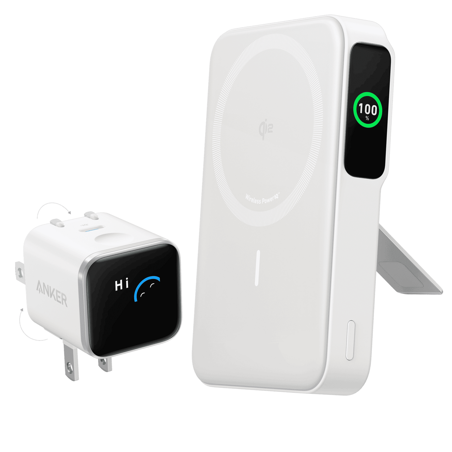 Shell White Anker MagGo power bank with 100 LED screen and wall plug adapter