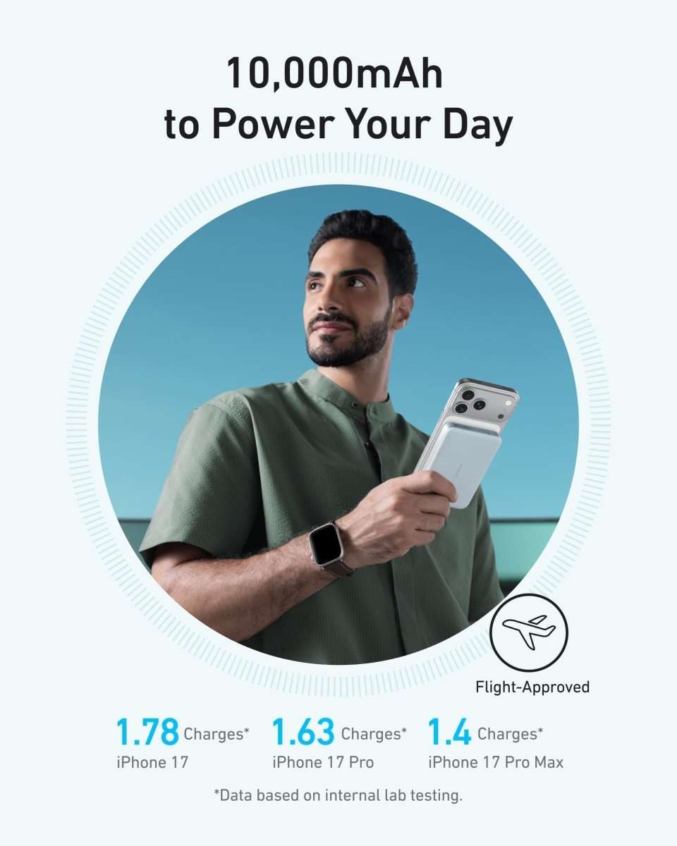 Slim MagGo power bank held in hand, wireless charging surface facing forward